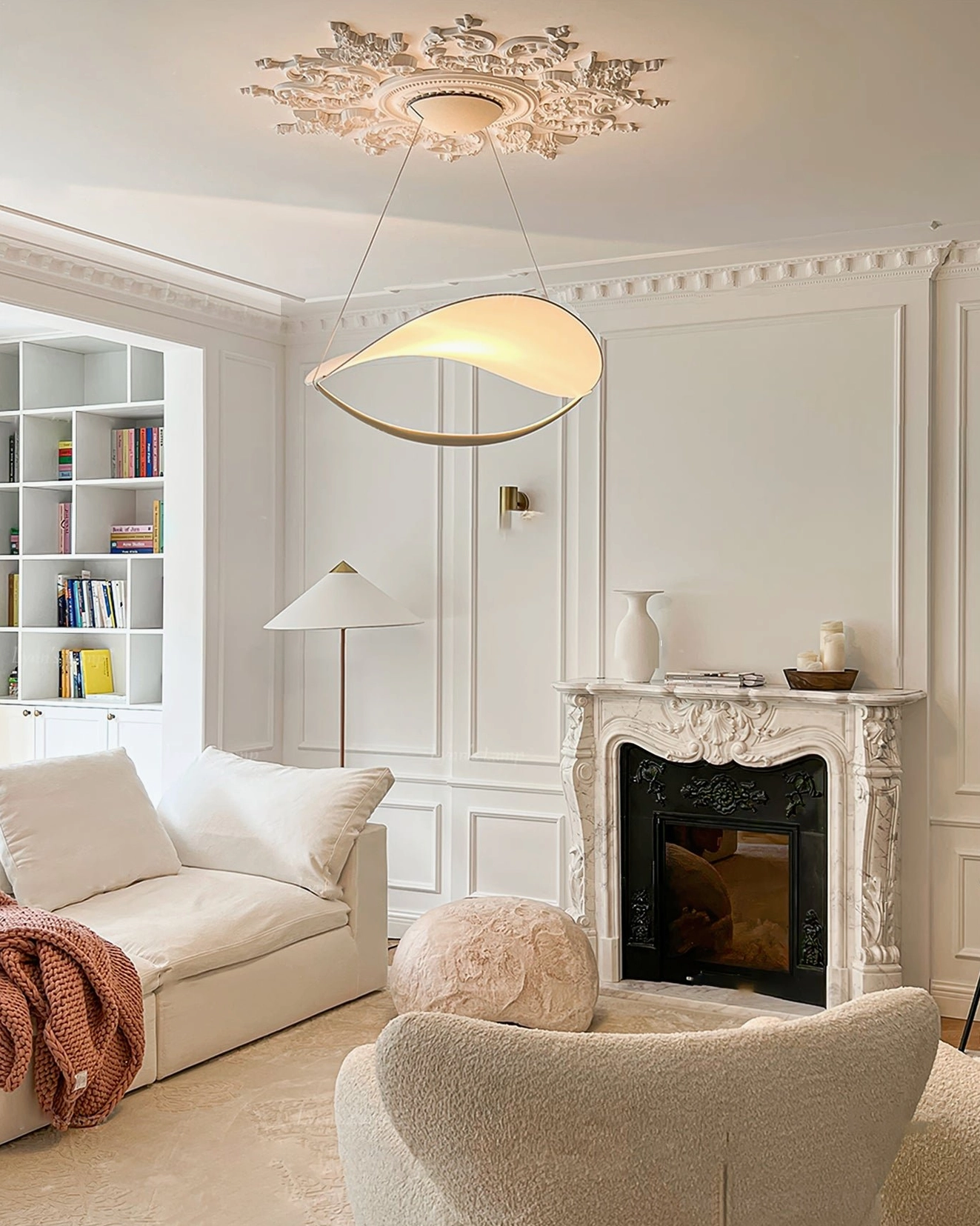 Modern pendant lighting elegant white living room warm ambient illumination