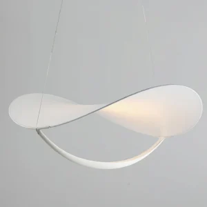 Modern sculptural pendant light curved white matte finish close-up detail