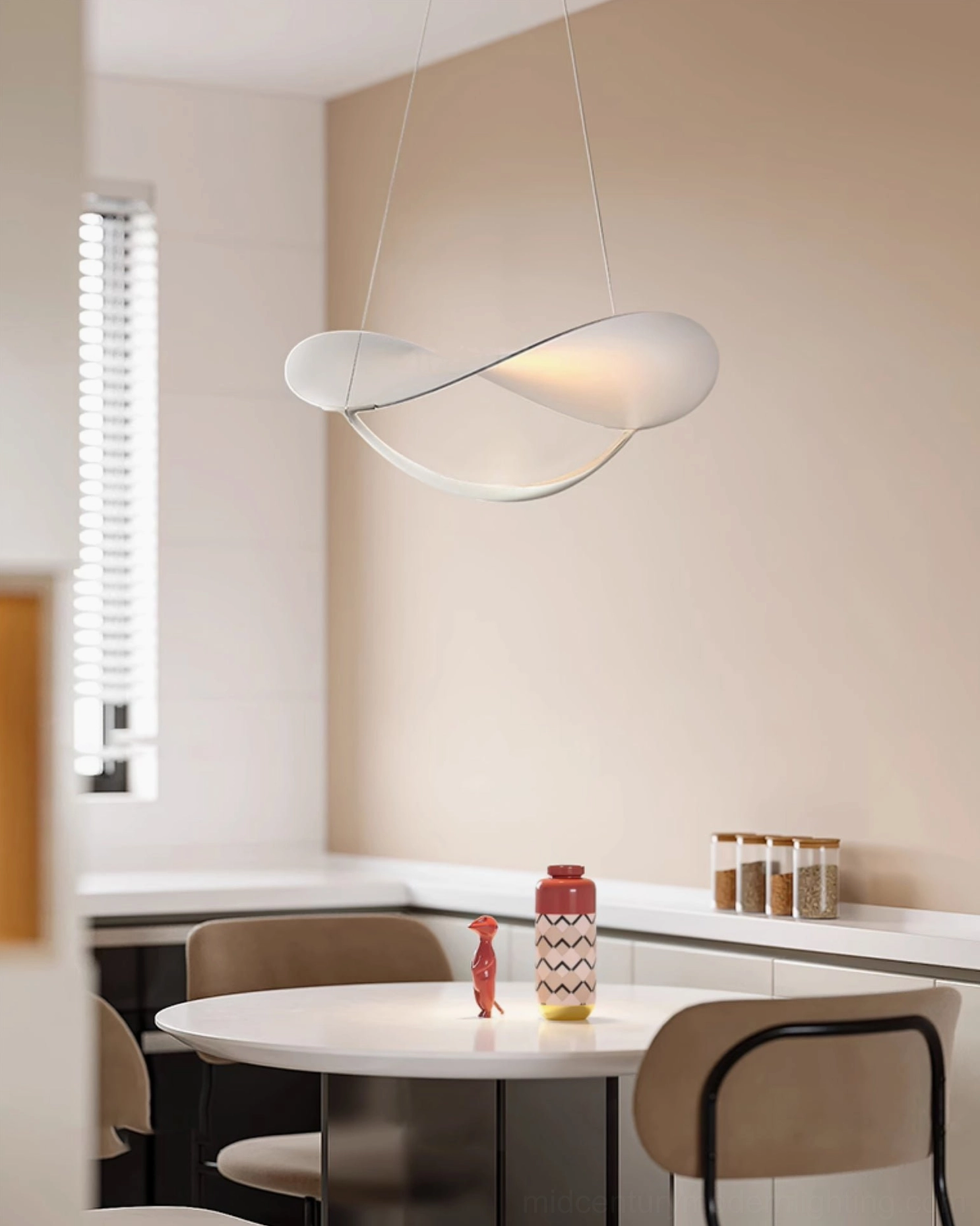 White twist pendant lamp modern dining area neutral warm interior lighting
