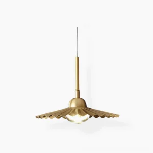 Plié brass pendant lamp with pleated crystal diffuser, frontal view showcasing mid-century modern design against white studio background