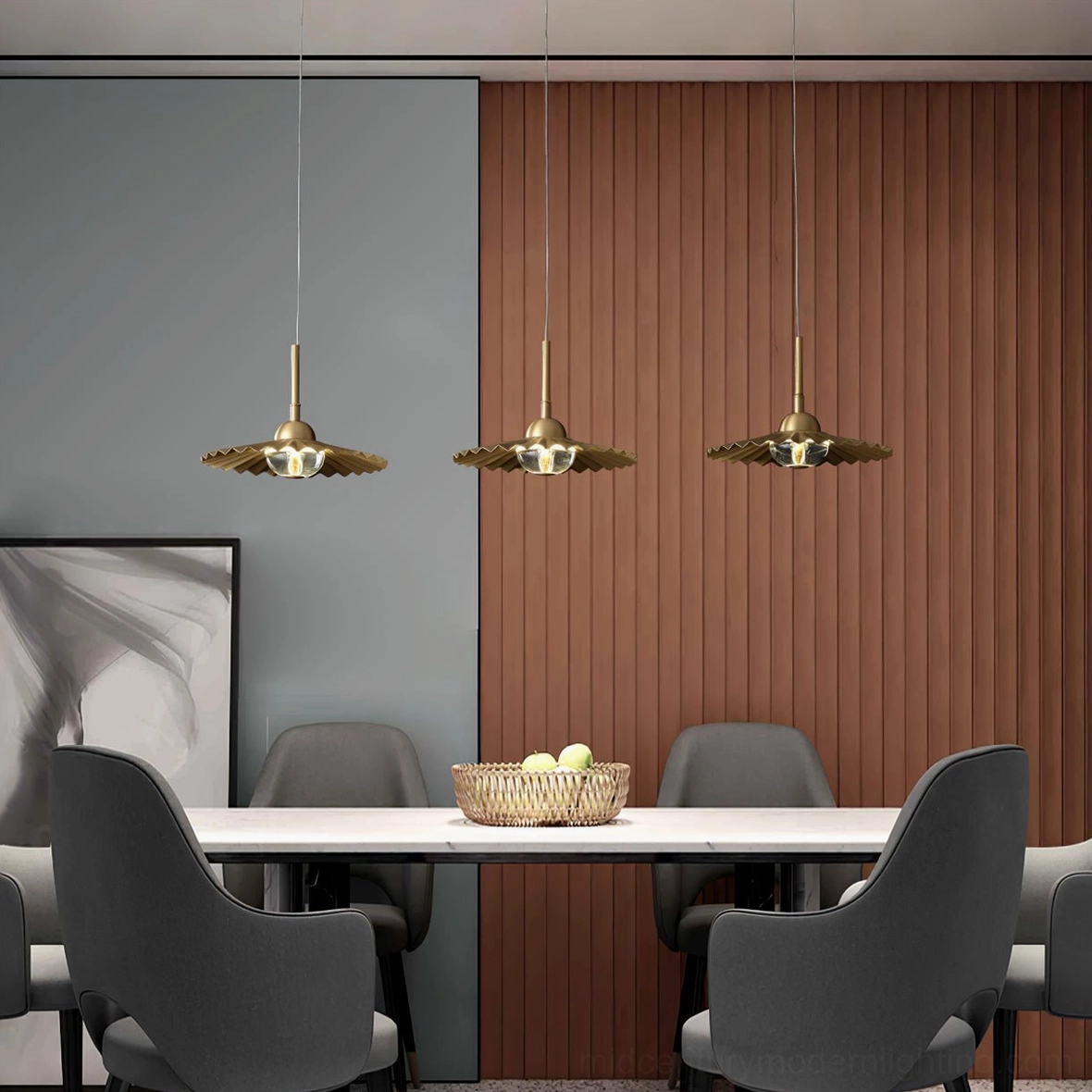 Multiple plié pendant lamps in various configurations demonstrating versatility for residential and commercial installations