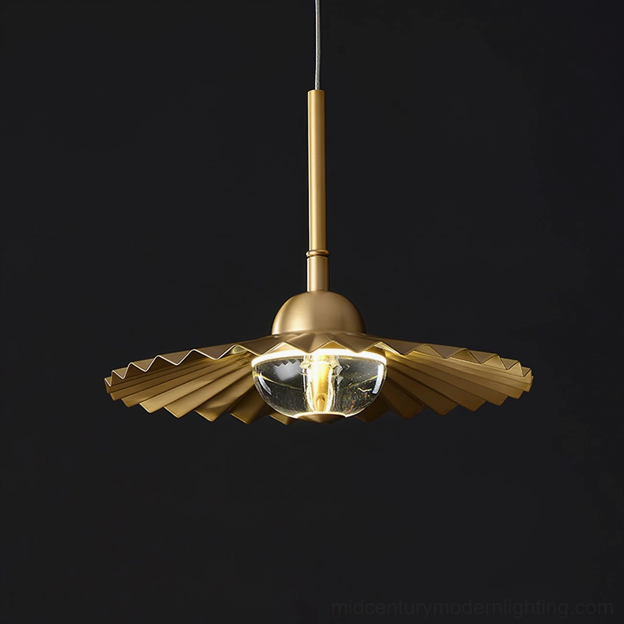 Plié pendant light in warm illumination mode showcasing romantic 1950s haute couture inspired design