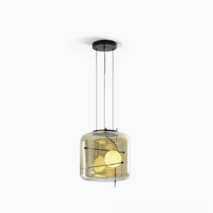 Plot pendant lamp with amber glass and black metal frame, front studio view showing dual warm bulbs