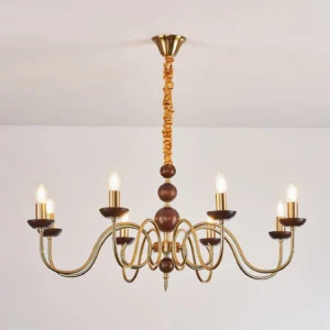 Eight-head Plumette candle chandelier ceiling mount with twisted fabric cord, overhead studio view