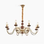 Plumette mid-century modern chandelier with brass gold frame and dark wooden spheres, frontal overhead view