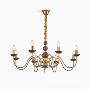 Plumette mid-century modern chandelier with brass gold frame and dark wooden spheres, frontal overhead view