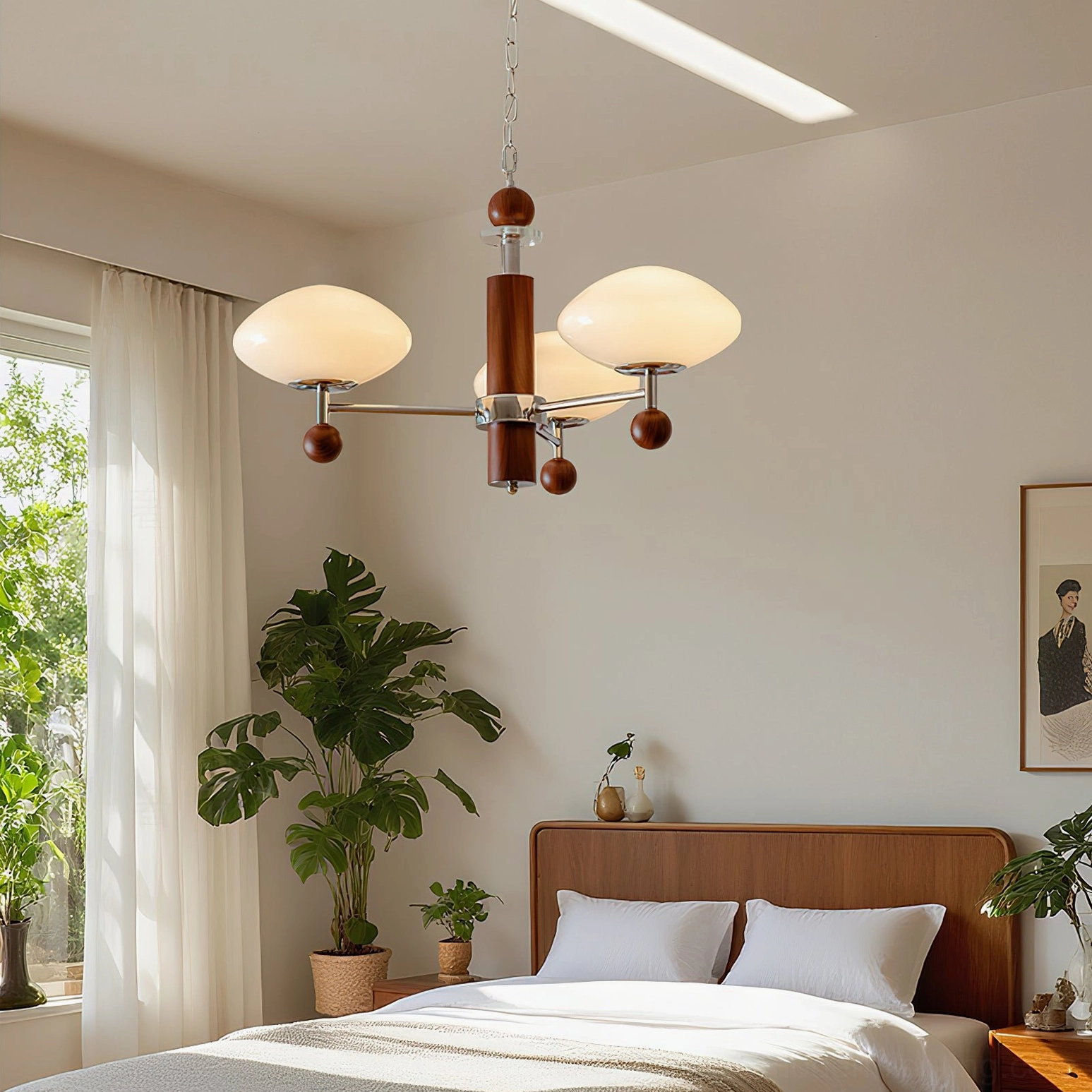 Six-light pointed chandelier in warm master bedroom - mid-century modern pendant lighting above nightstands with contemporary interior design