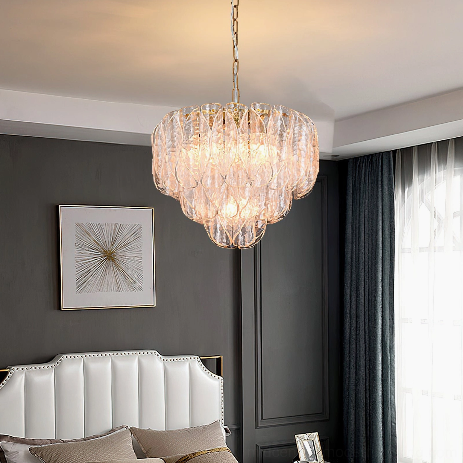 Poliedri glass chandelier in contemporary master bedroom with neutral décor and warm pendant light