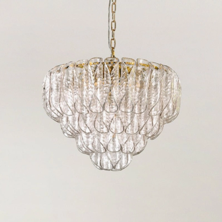 Poliedri tiered glass chandelier front overhead studio shot with textured rippled glass and minimalist luxury design