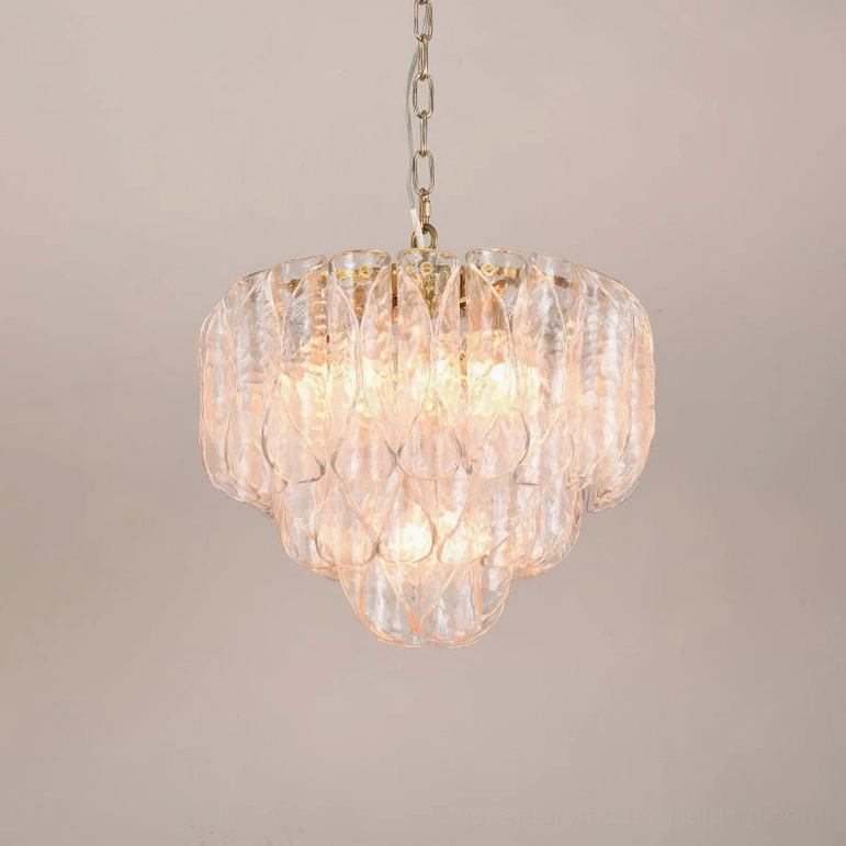 Poliedri tiered glass chandelier low front hanging view with complete petal-tiered glass structure and brass accents