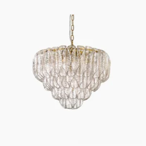 Poliedri tiered glass chandelier overhead studio view with rippled clear glass petals and brass hardware detail