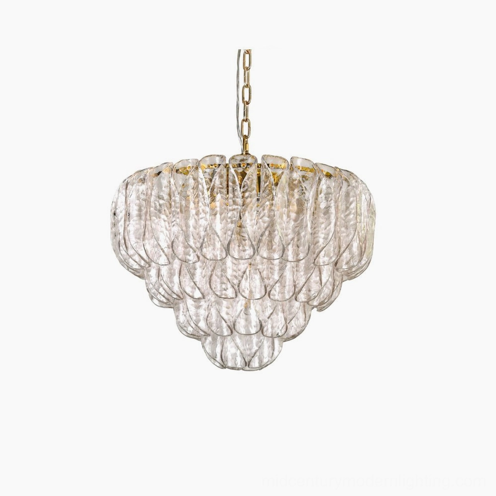 Poliedri tiered glass chandelier overhead studio view with rippled clear glass petals and brass hardware detail