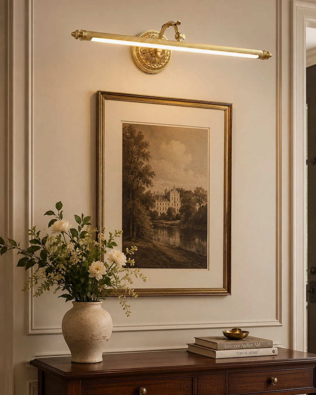 Polished brass wall picture light with carved floral motif backplate illuminating entryway art display