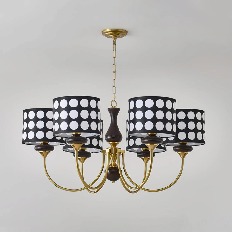 Polka dot chandelier frame assembly showing metal arms and connection points for light heads