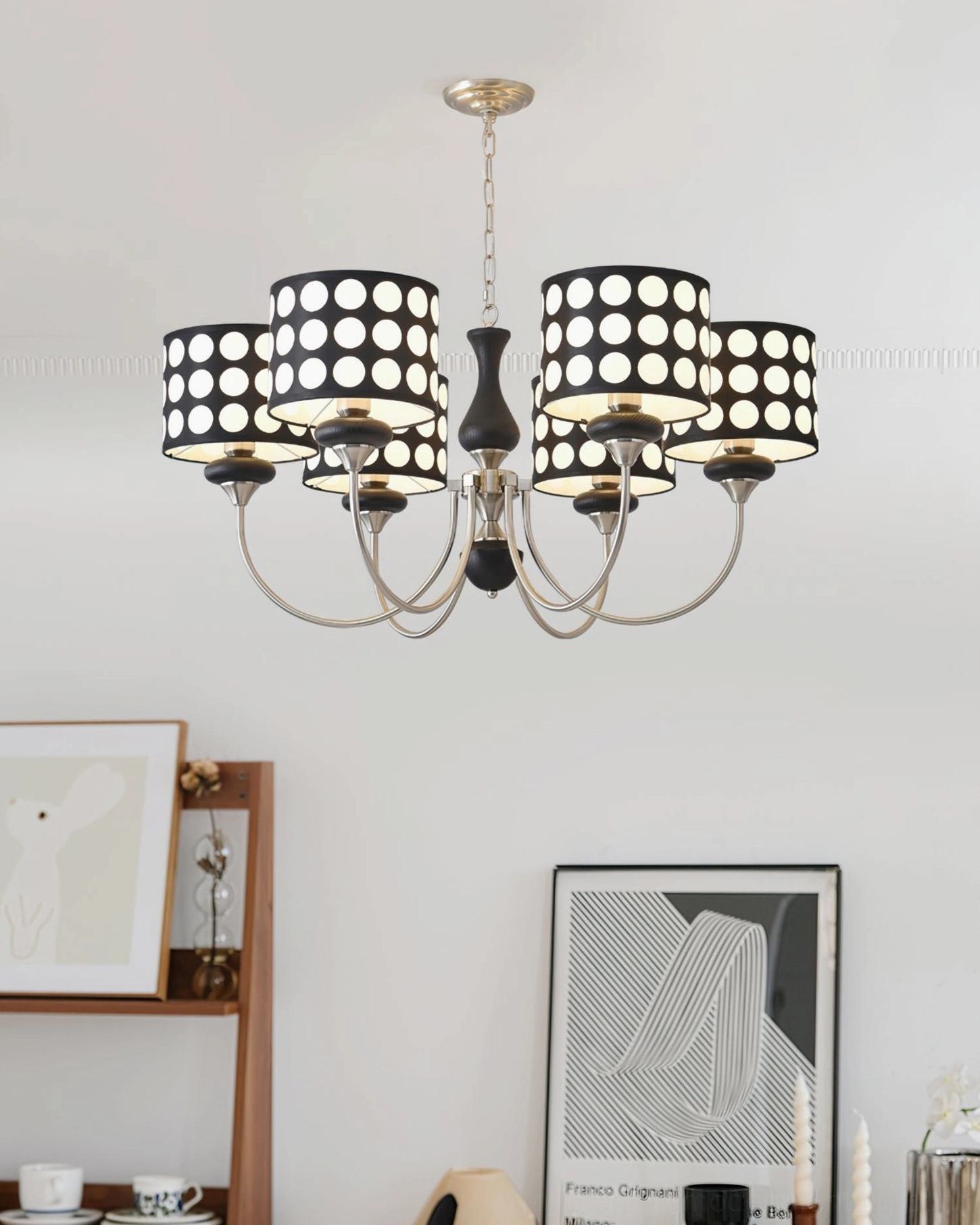 6-head polka dot chandelier with silver sand-nickel frame and walnut wood decor, contemporary minimalist room setting