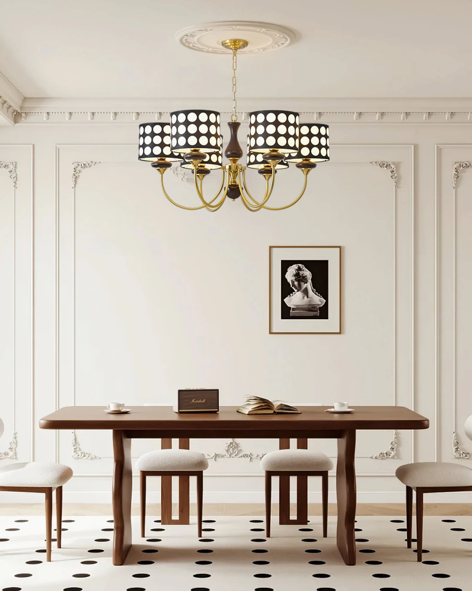 Black polka dot chandelier showing fabric shade hollow dot pattern detail and gold metal framework