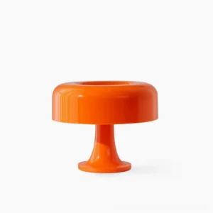 Pop Mushroom Table Lamp in vibrant orange acrylic, front flat view on white background showcasing mid-century modern silhouette