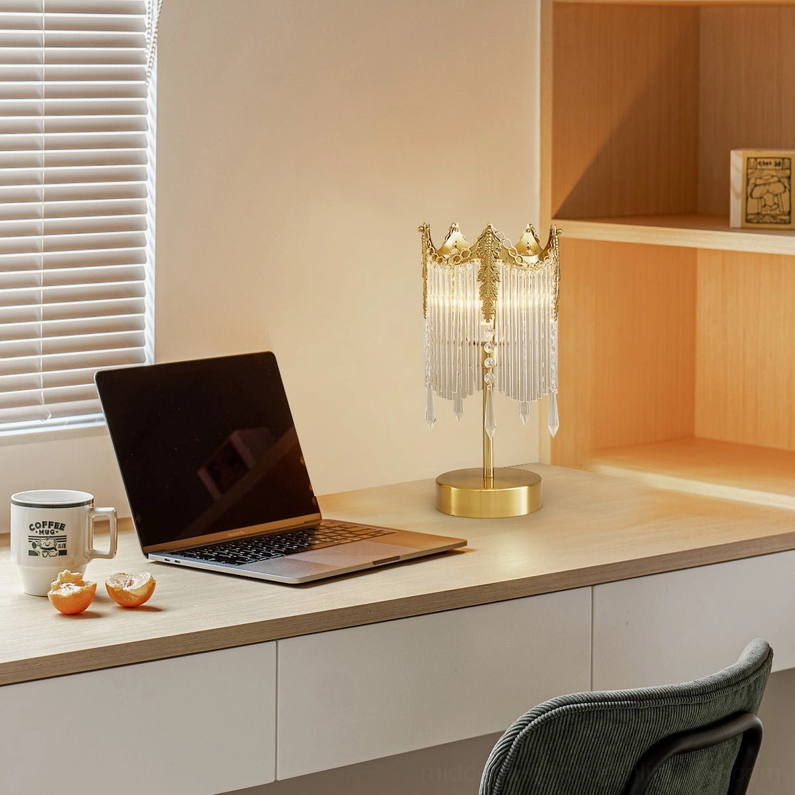 Popity vintage gold table lamp styled on home office desk with modern interior design setup