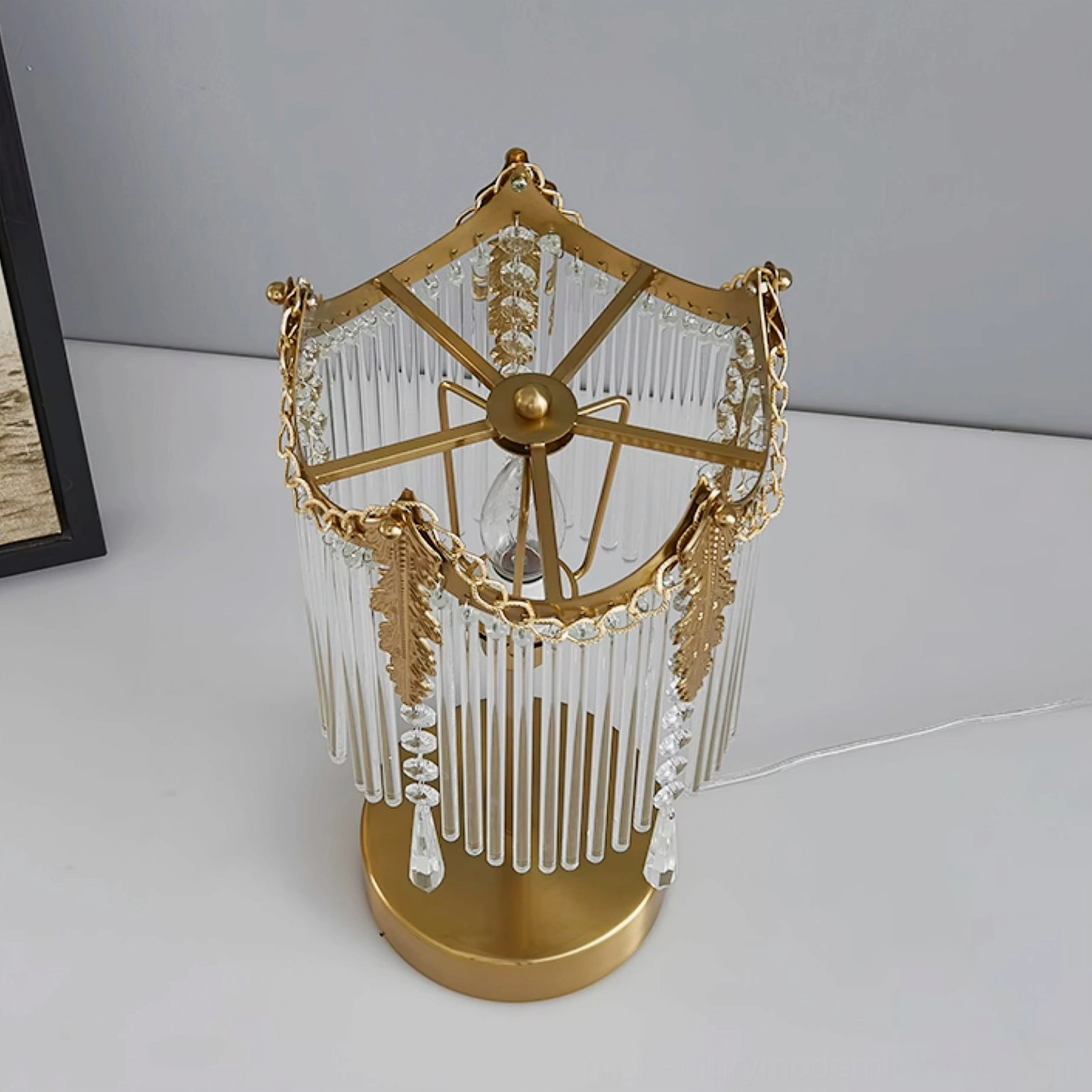 Popity table lamp interior frame with exposed E14 bulb mount and crystal tassel trim design