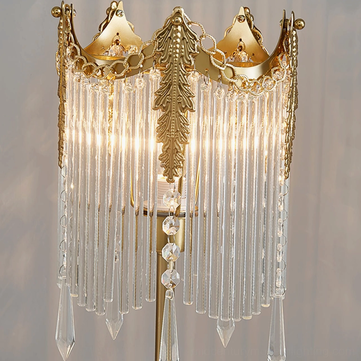 Popity table lamp shade section featuring carved gold metal frame with crystal tassel trim accents