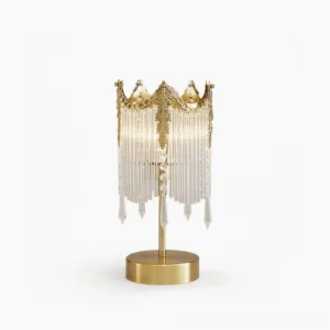 Popity crystal table lamp with brushed brass gold base and clear glass pendant details, studio product shot