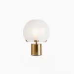 Porcino Orb Table Lamp with silver metal base and frosted white glass sphere, front studio view