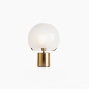 Porcino Orb Table Lamp with silver metal base and frosted white glass sphere, front studio view
