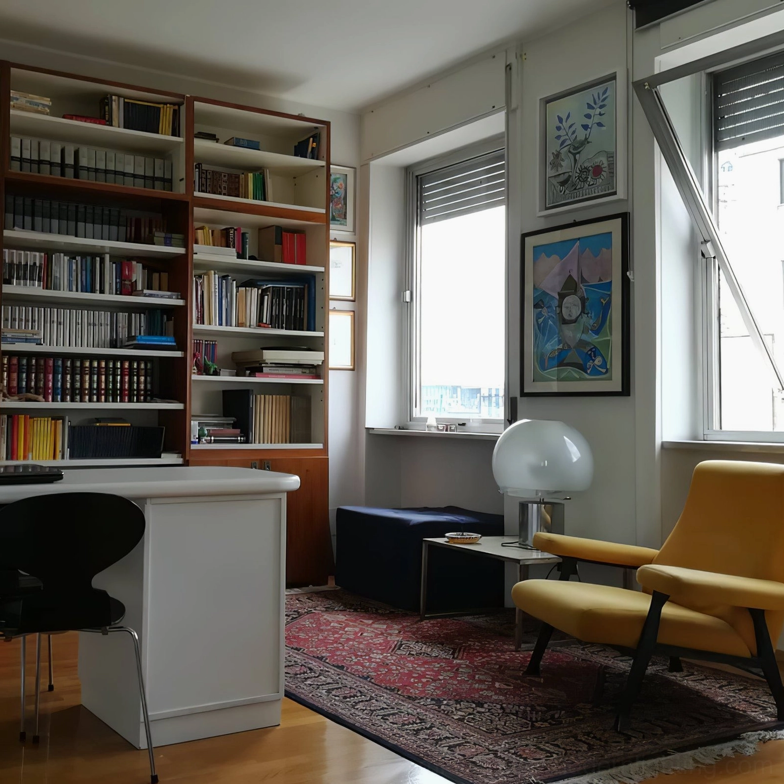 Two Porcino table lamps in mid-century modern home library study room, matching pair on wooden surfaces
