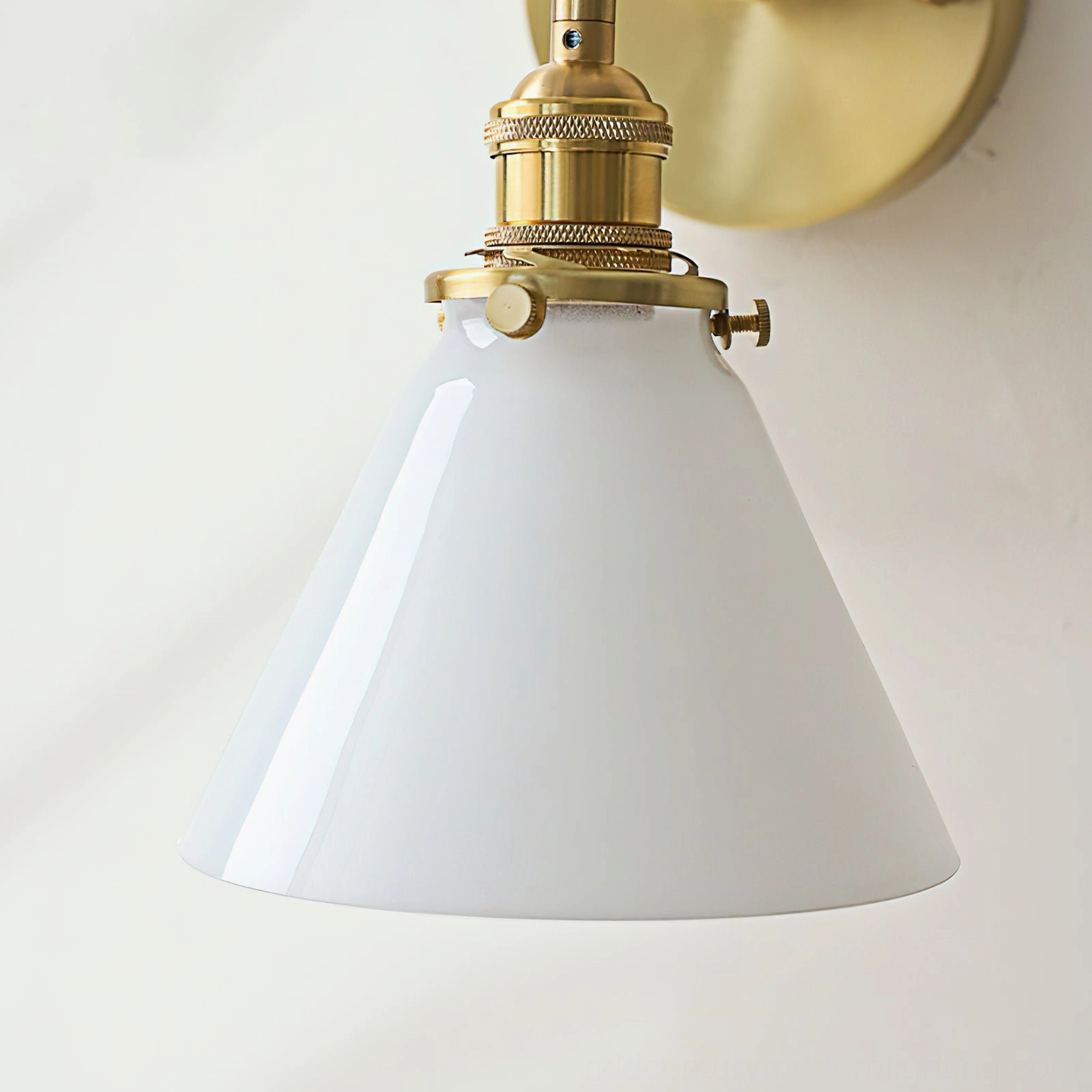 Portland mid-century modern wall sconce architectural detail showcasing frosted glass shade and brass mounting hardware