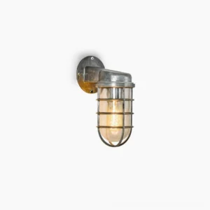 Porto industrial wall sconce with vintage marine cage design and brushed silver metal finish on white background