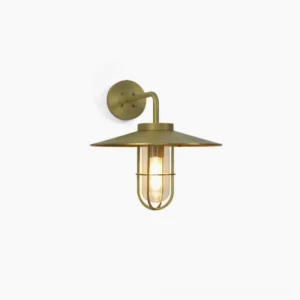 Portree brass industrial wall sconce with clear glass bulb cage front view