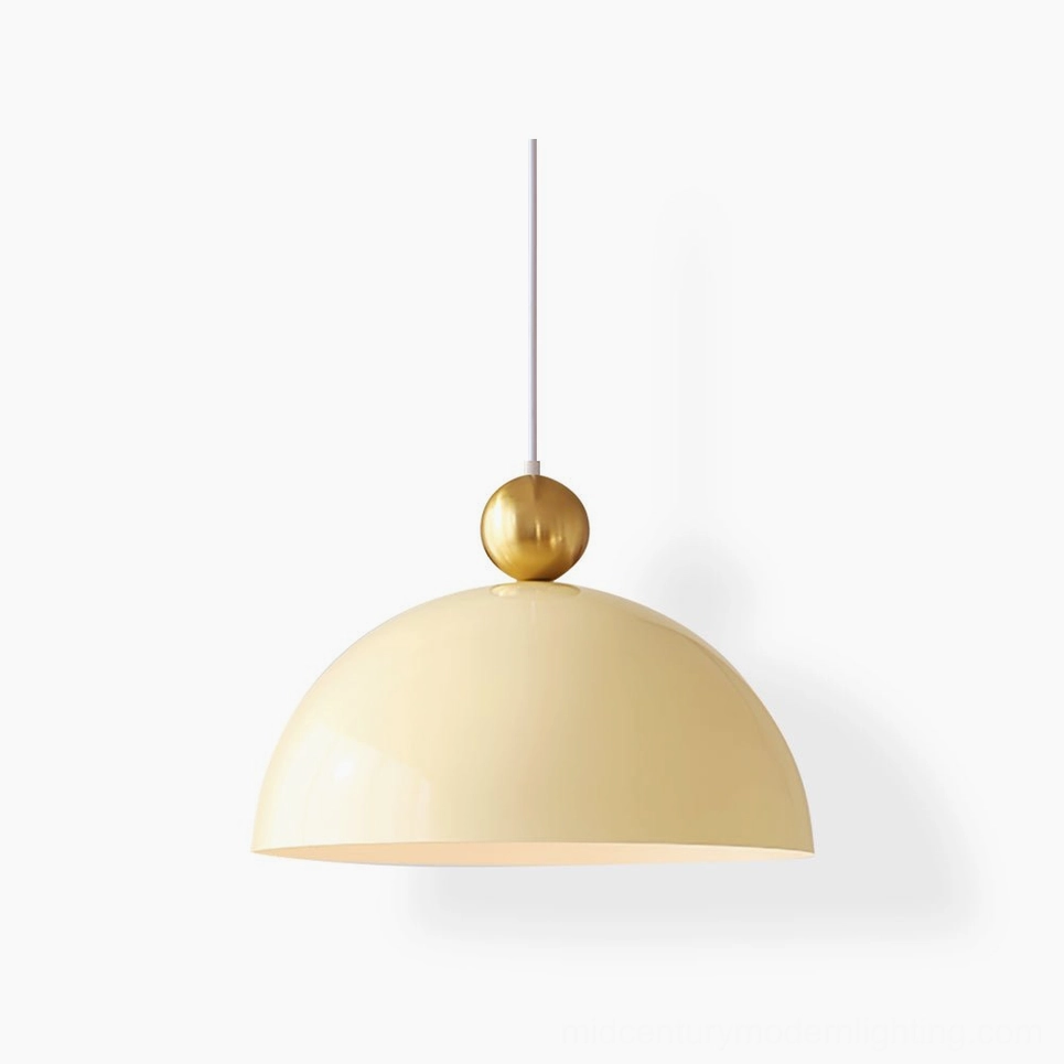 Posa mid-century modern pendant lamp with cream dome and brass sphere - front studio view