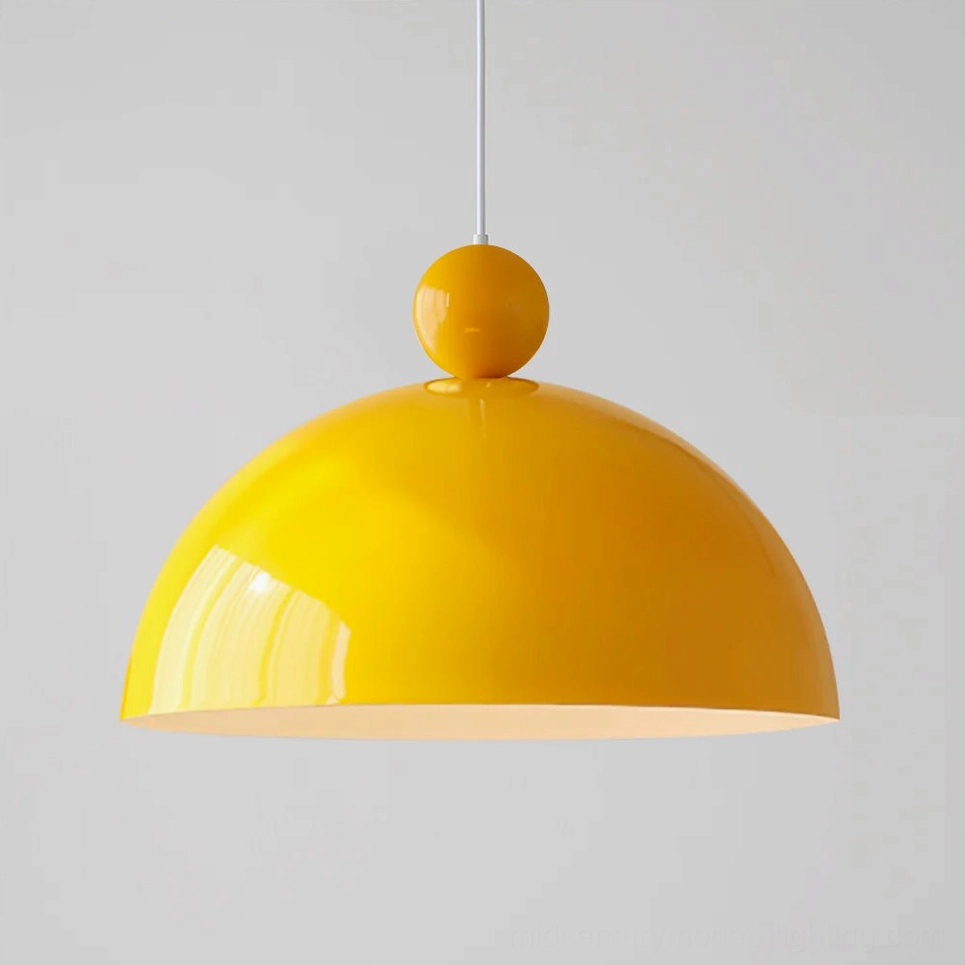 Posa mid-century modern pendant lamp in home setting - dome shape brass accent fixture