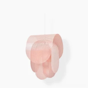 Posie pendant light with layered perforated metal design, frontal view on white studio background