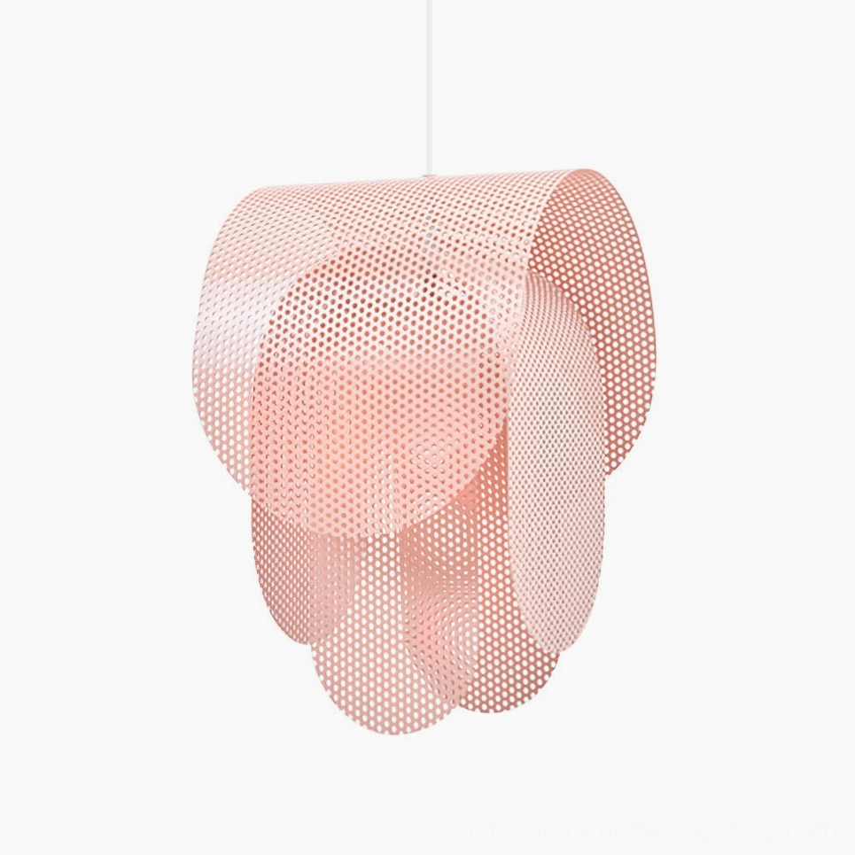 Posie blush pink pendant lamp with geometric perforated metal design, overhead view