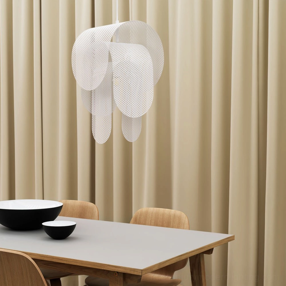 White Posie layered pendant light in contemporary dining space with beige curtains