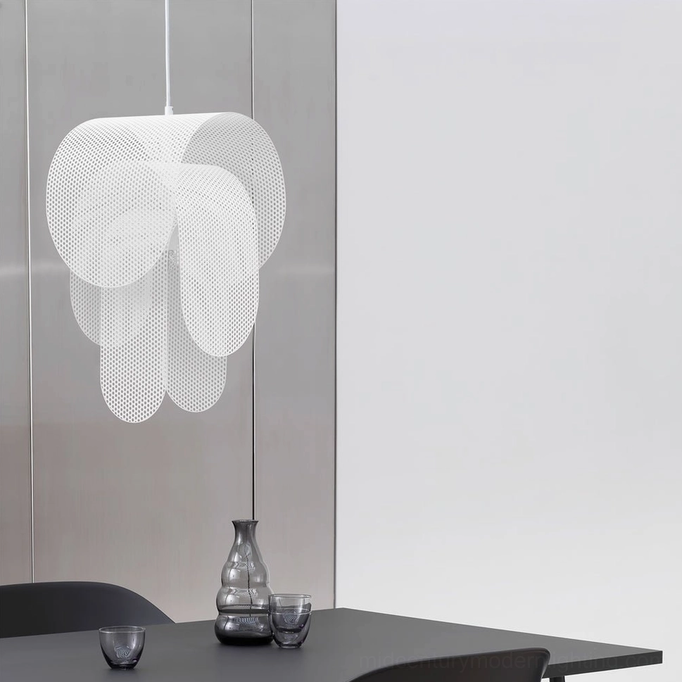 White Posie pendant light in minimalist Scandinavian dining space with grey walls