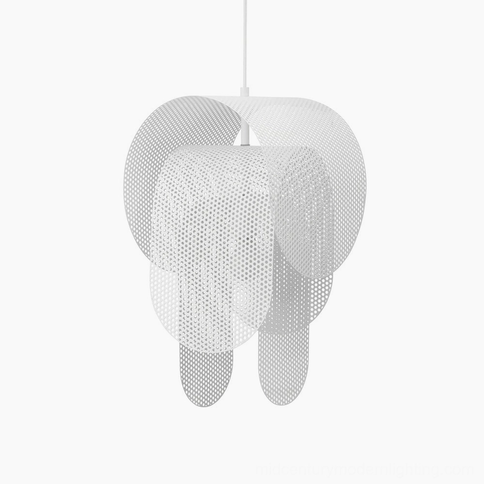 Posie white pendant light with perforated metal layers, minimalist sculptural fixture