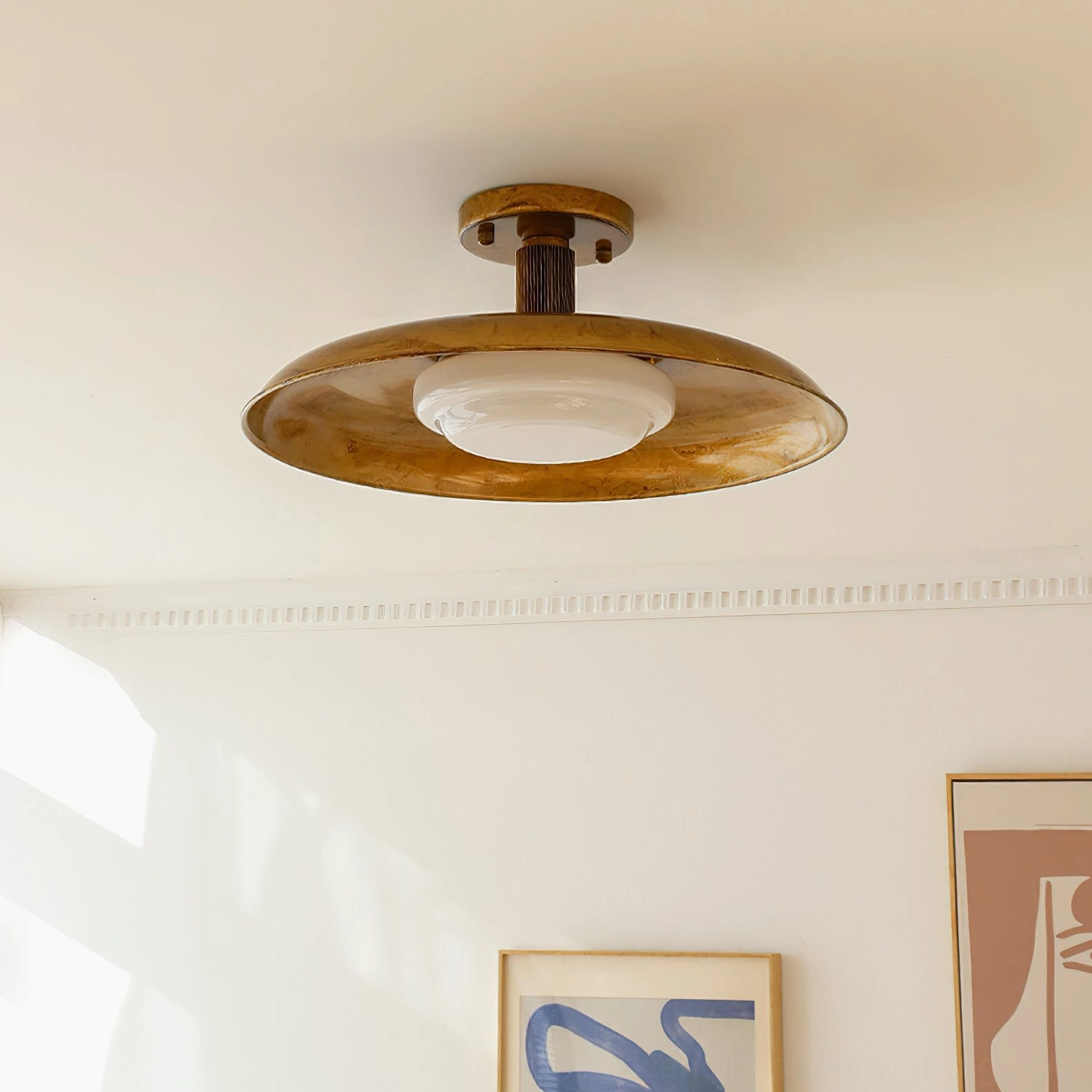 Vintage industrial pot-lid style ceiling fixture with antique gold and nickel finish options