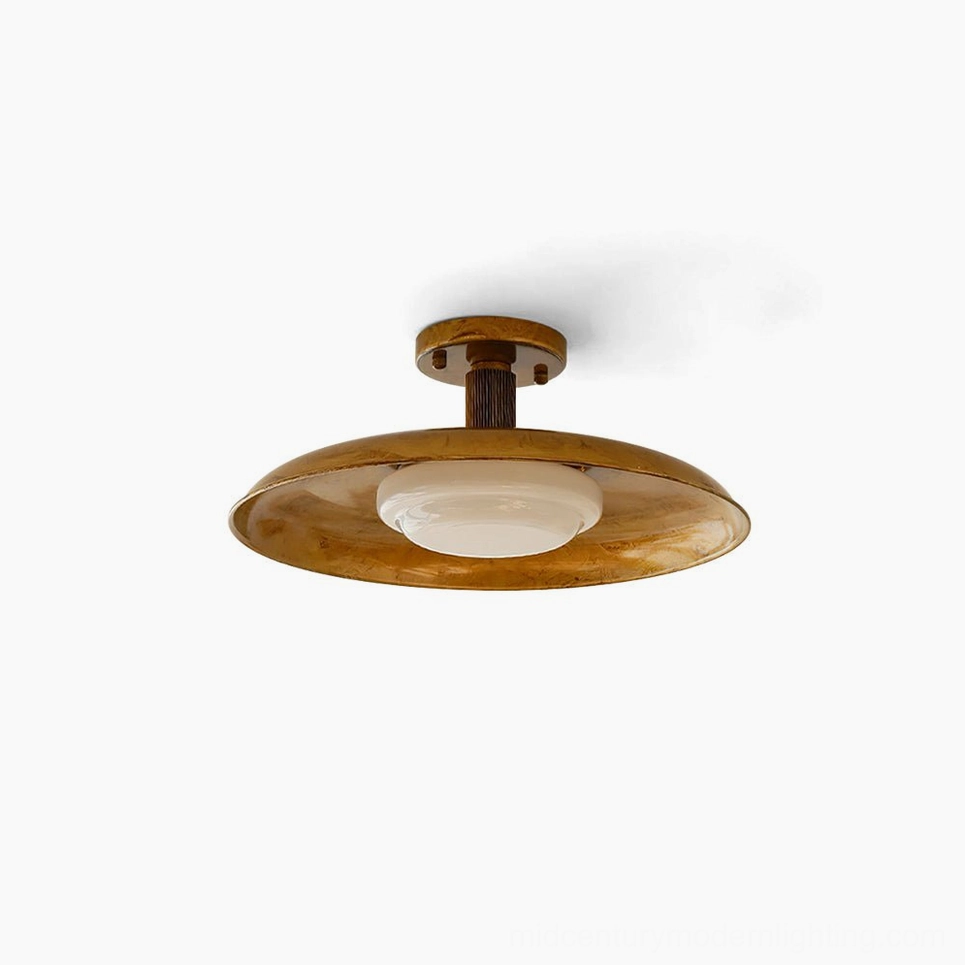 Vintage pot-lid flush mount ceiling light with antique brass finish and opal glass diffuser, studio product shot
