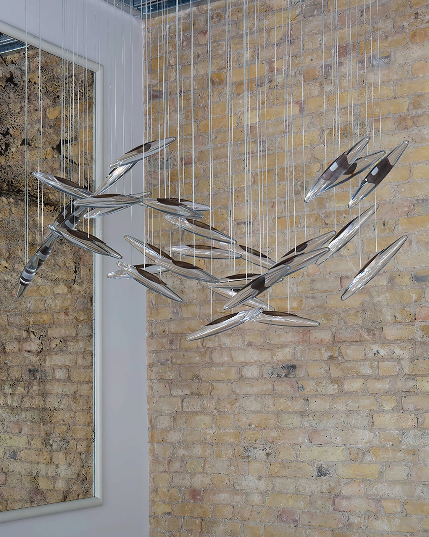 Premium quality cascading glass chandelier featuring polished gold framework and crystal pendants