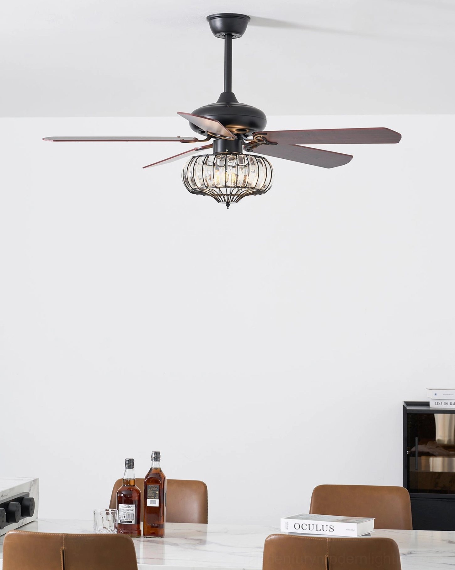 Premium ceiling fan light fixture with crystal cage design, showing installation suspension rod and mounting compatibility