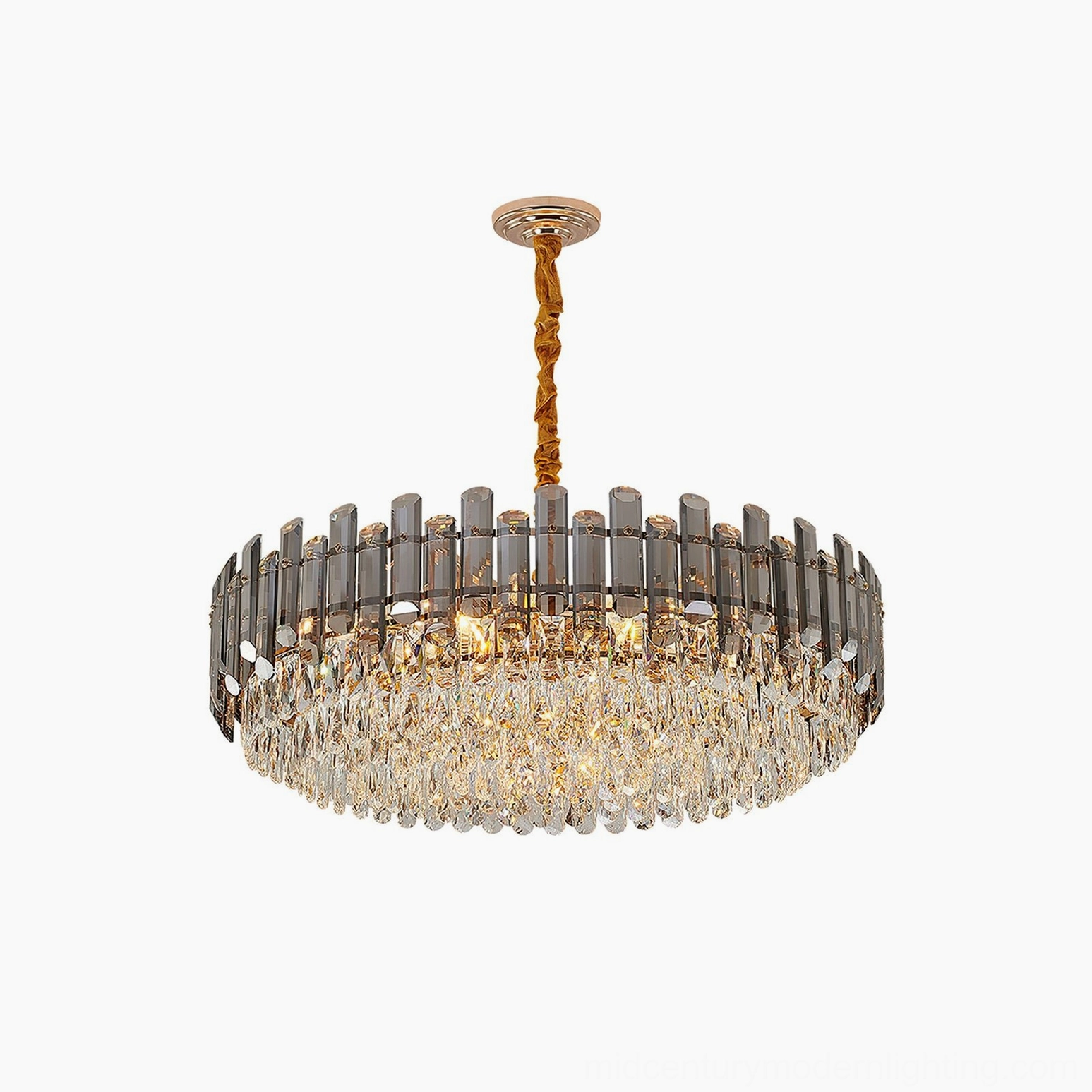 Premium contemporary crystal chandelier showcasing layered pendant configuration and light refraction properties