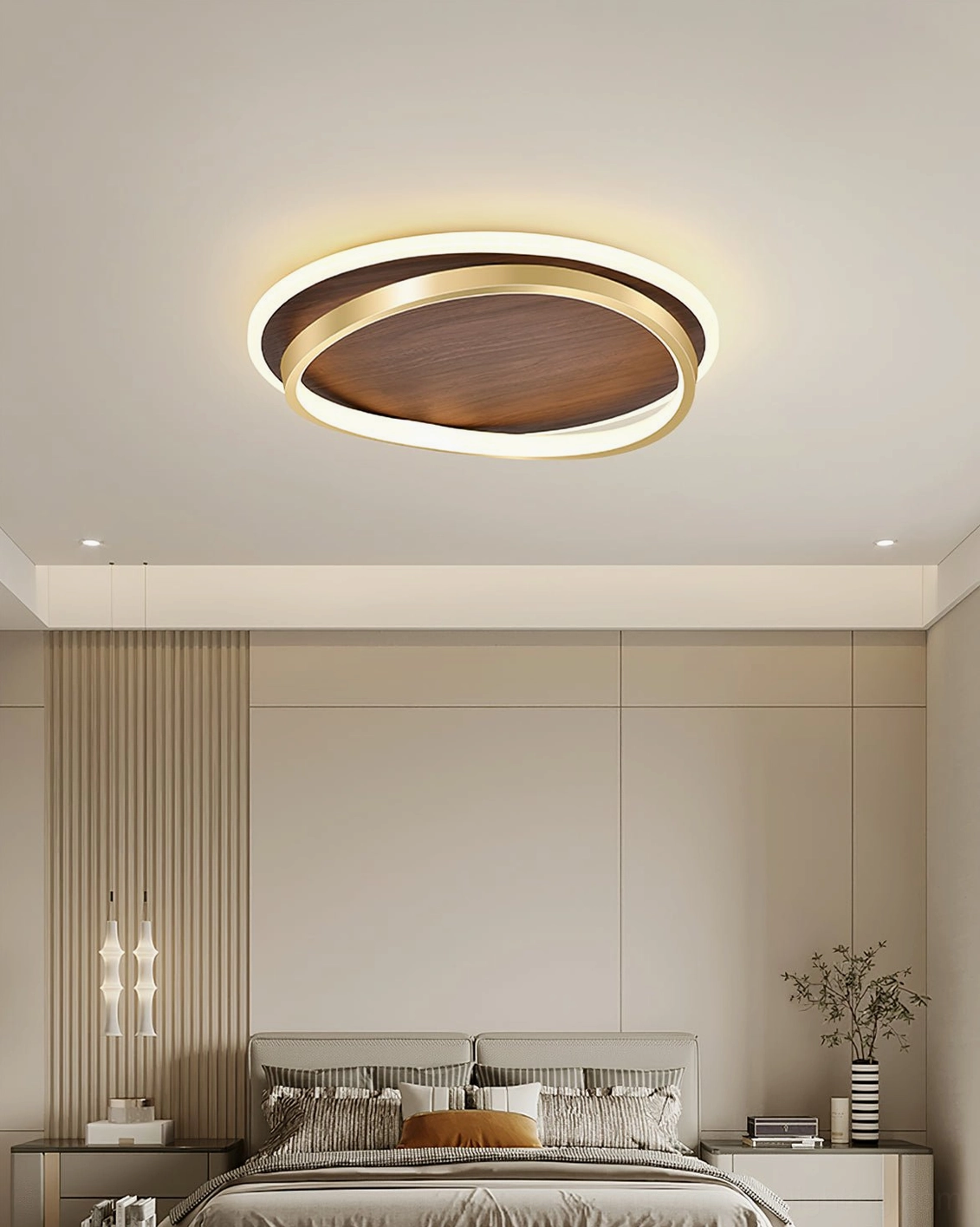 Premium dual-ring ceiling light fixture warm light temperature, modern minimalist bedroom lighting aesthetic