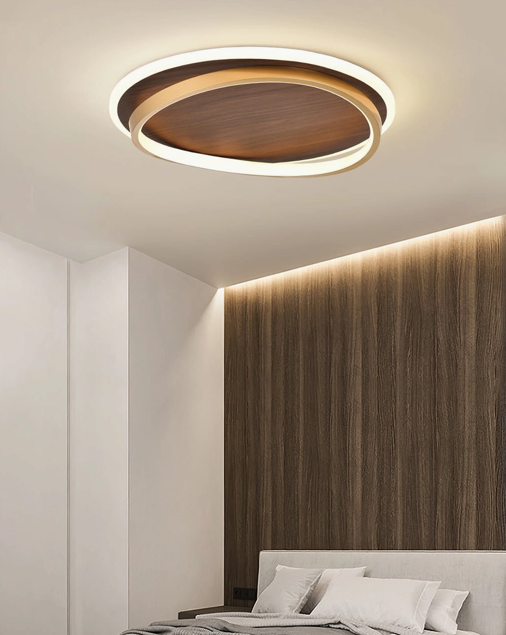 Premium modern luxury LED ceiling light in minimalist bedroom with wood accent wall, sophisticated Nordic flush-mount design
