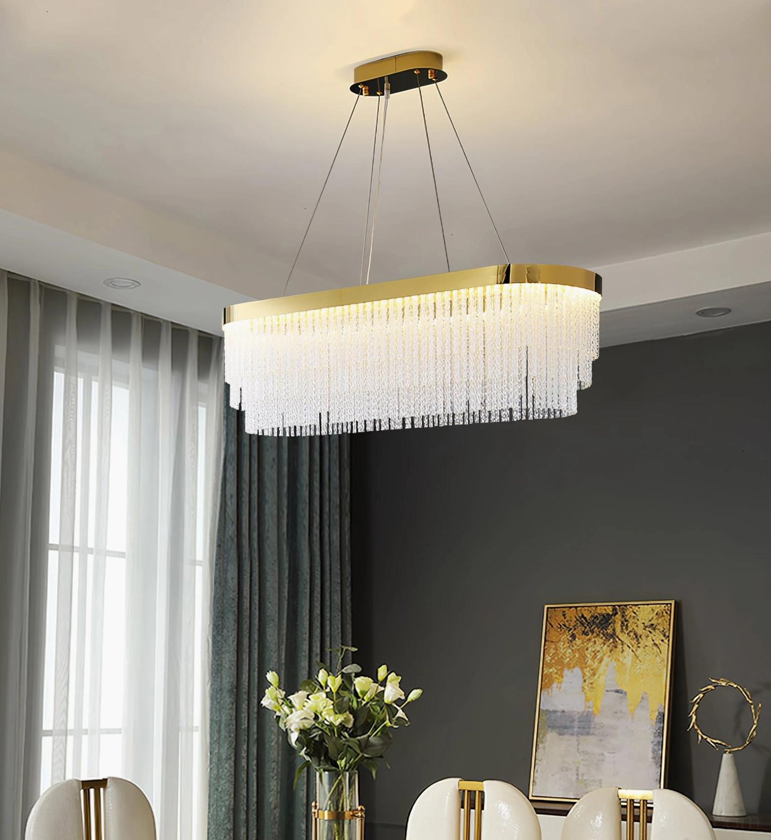 Premium tiered crystal chandelier with dimmable warm light control compatibility