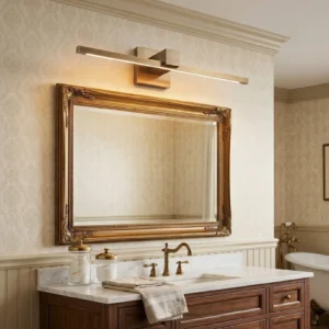 Presidio Linear Wall Sconce installed in luxury vintage bathroom above ornate gold-framed mirror, warm ambient lighting