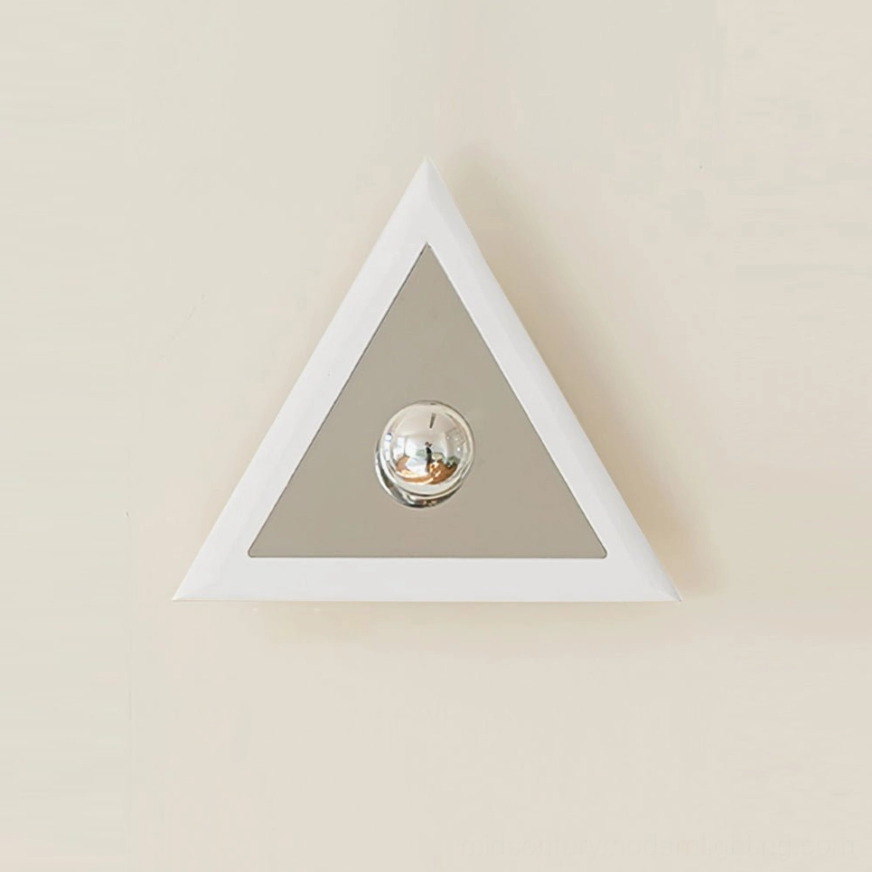Prism triangle wall lamp white finish close-up polished metal base