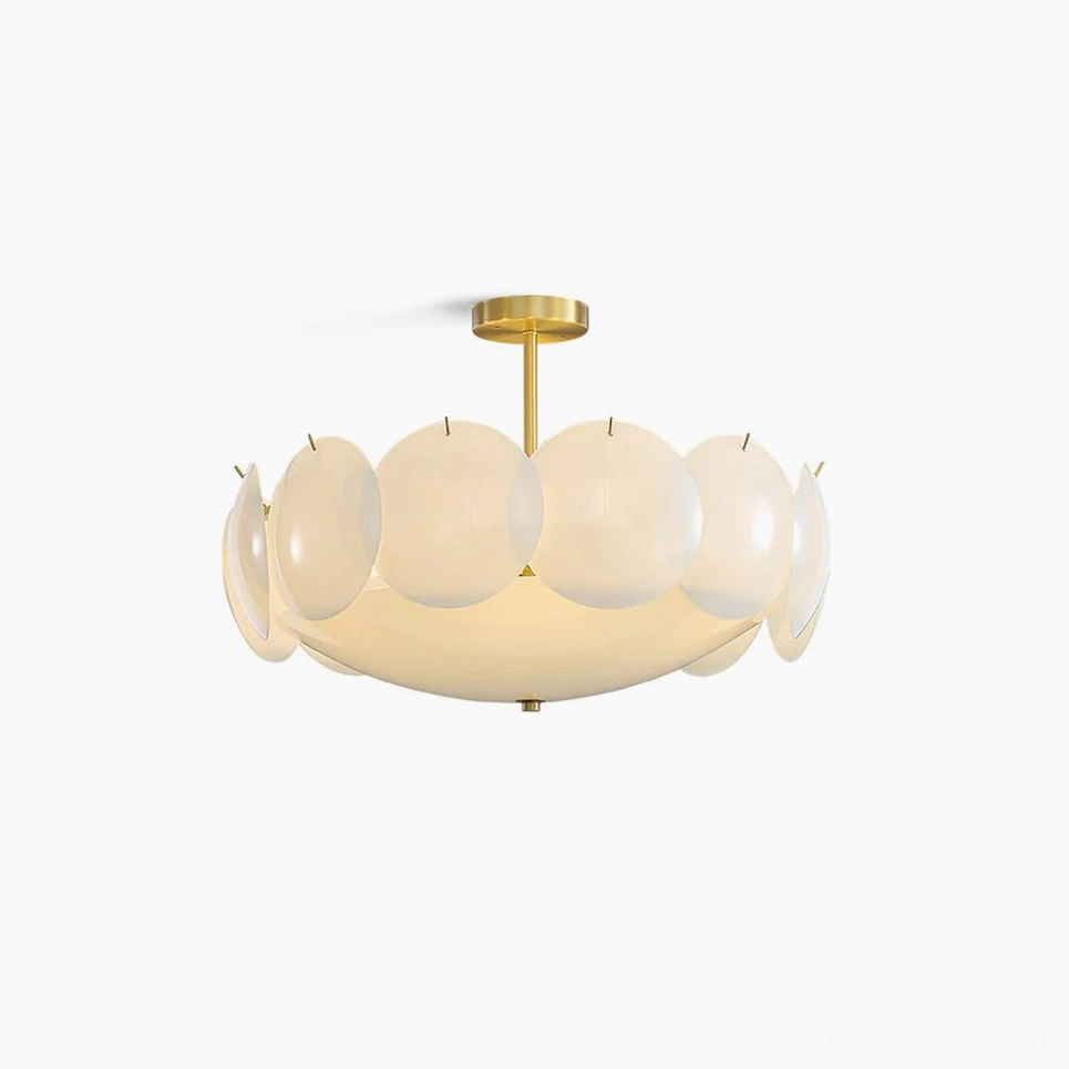 Prisma brass ceiling lamp with frosted white glass shades, minimalist modern pendant light fixture studio view