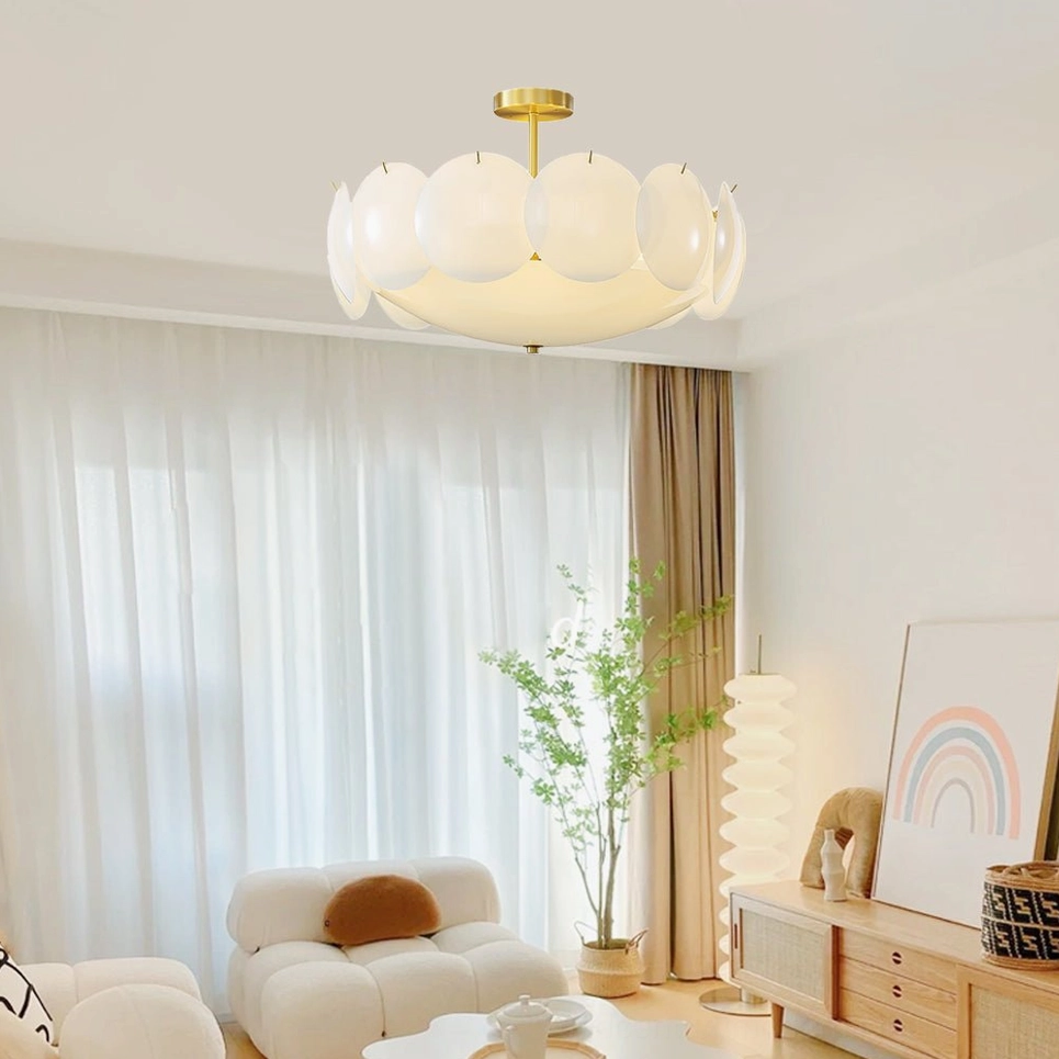 Prisma glass ceiling light in Japandi style living room with wooden furniture and sheer curtains
